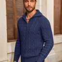 Yousify Mens Quarter-Zip Pullover Sweater Casual Mock Neck Cable Knitted Winter Warm Chunky Polo Sweaters (Blue, M)