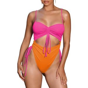 Viottiset Women's Cut Out Drawstring One Piece Swimsuit Cheeky High Cut Bathing Suit (L), Orange Pop Pink
