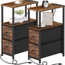 TUTOTAK Small Narrow End Table with Charging Station, Set of 2, Side Table with Outlets, Nightstand with 2 Cloth Drawers, Couch Table, for Living Room, Bedroom, Bedside, Brown TB01BB055