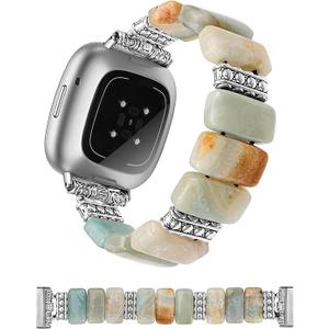 Moolia Natural Stone Bracelet Compatible with Fitbit Versa 4/Versa 3/Sense 2/Sense Band for Women, Pretty Handmade Elastic Solo Loop Beaded Western Vintage Watch Strap for Vesa 4 Band, Colorful, Medium 