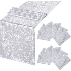 B-COOL Silver Sequin Table Runner Glitter Sparkly Table Runner 12 Packs 12x72 Inch for Dining Engagement Outdoor Wedding Party Birthday Holiday Decor