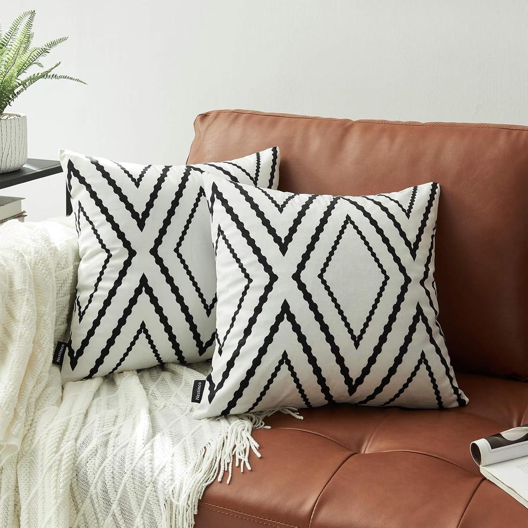 Set of 2 White Pillow Covers 18 x 18 inches Boho Aztec Polyester Blend Square Decorative Throw Pillow Covers for Sofa Couch Bed Decor