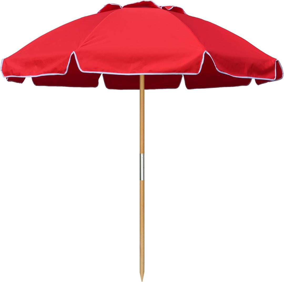 AMMSUN 7.5ft Heavy Duty HIGH Wind Beach Umbrella Commercial Grade wood Beach Umbrella with Air Vent Ash Wood Pole & Portable Carry Bag UPF50+ Protection Windproof Red, 230cm