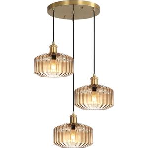 3 Light Cluster Light Pendant Light Fixture, Mid Century Modern Ceiling Light Adjustable 59" Gold Chandelier with Amber Glass Shades, Island Lights for Kitchen Farmhouse Living Room