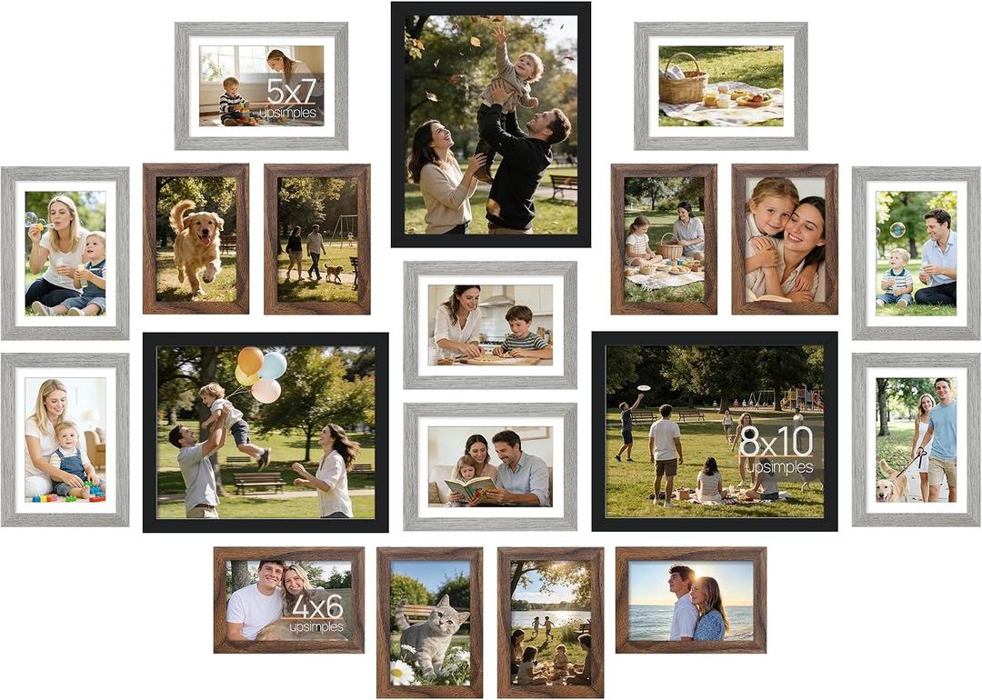 upsimples 19 Pack Picture Frames Collage Wall Decor for Mounting or Tabletop Display, Photo Gallery Frame Set for Family, Multi Sizes Including 8x10, 5x7, 4x6, Black Gray Brown