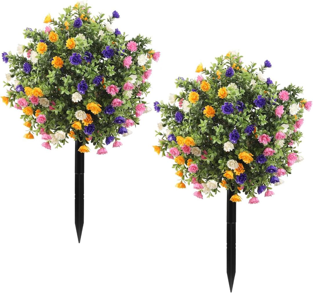 Artificial Topiary Bushes with Ground Spike Set of 2, Faux Boxwood Ball Trees for Outdoor, Fake Shrubs Bushes Decorations for Indoor Front Porch Garden - UV Resistant Faux Plants - Multicolor Flowers