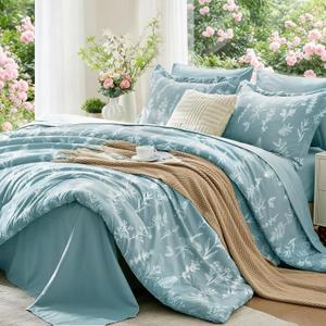 MUXHOMO Blue Bed in a Bag Queen 7 Pieces, Queen Comforter Set Reversible Botanical Flowers Design, Ultra Soft & Breathable Bedding Sets with Comforter, Sheets, Pillowcases & Shams