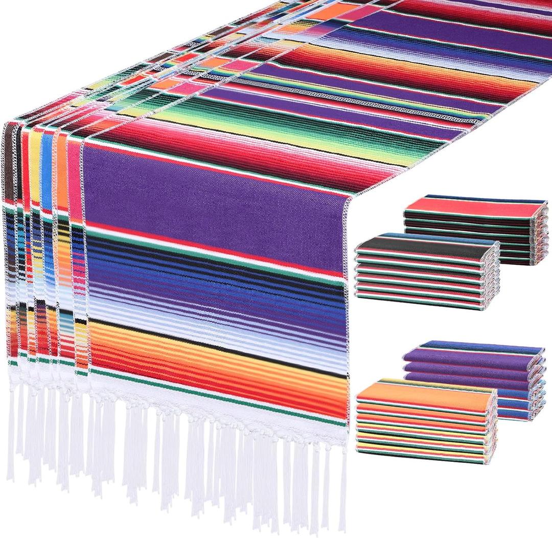 24 Pack Mexican Table Runner 14 x 84 Inch Mexican Serape Table Runner Mexican Table Blanket Colorful Striped Table Runner Mexican Party Decor for Cinco De Mayo Fiesta Wedding Party (Multi Colors)