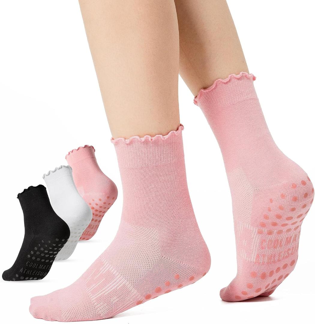 2 x COOLMATE Pilates Socks with Grips for Women, Yoga Socks, Crew Non Slip Women for Barre, Pilates Gifts for Women