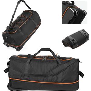 CONTAIL 32-Inch Rolling Duffle Bag, Expandable 110L-140L Capacity, Soft-Sided Foldable Design with Dual Wheels, No Traditional Telescoping Handle, for Travel, Business, Camping,Black-orange