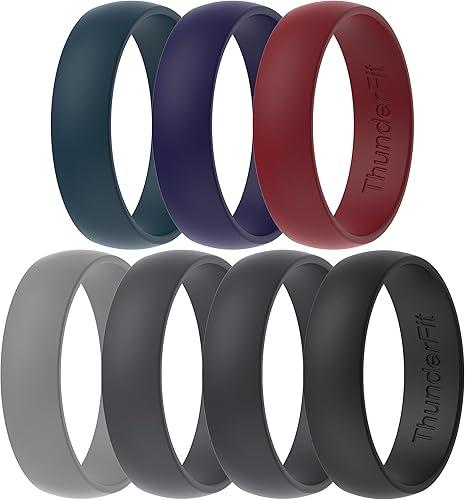 ThunderFit Unisex Silicone Wedding Rings, Rubber Engagement Bands, Variety Multipack 7, Pack I: Dark Blue D, Dark Blue C, Dark Red G, Grey C, Dark Grey A, Very Dark Grey, Black