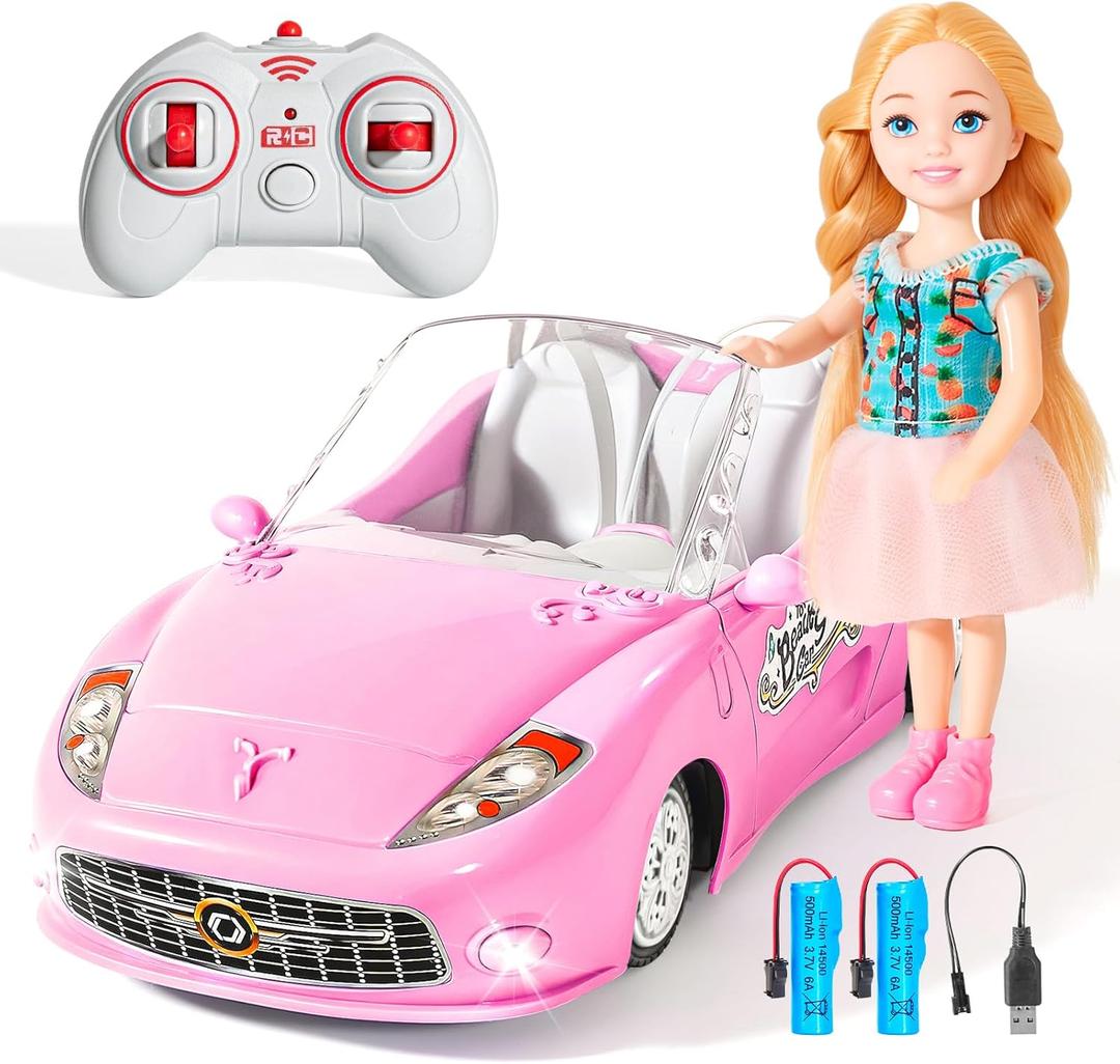 Pink Remote Control Car for Girls, 2.4Ghz Racing for Toddler, 1:18 RC Toys for Kids with Doll, 100 mins with Rechargeable Battery, Birthday for Grils