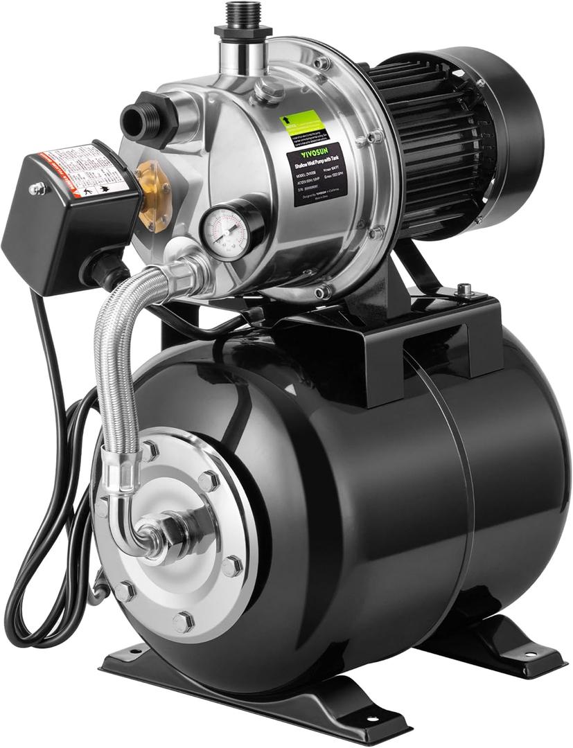 VIVOSUN 1.6 HP Shallow Well Pump with Pressure Tank, NSF Certified, 1320 GPH, Stainless Steel, Automatic Water Booster Jet Pump with Two Adapters for Home, Garden, Lawn