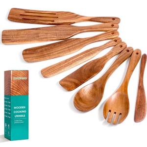 Wooden Spurtle Set, Spurtle Spatula, 8-Pcs Natural Acacia Wood Cooking Tools  Wooden Kitchen Utensils Set with Smooth Finish Comfort Grip, Nonstick Safe Non-Toxic Wood Cooking Spoons by HOWHONG