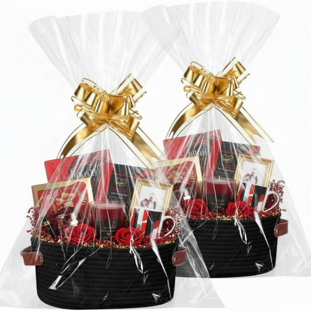 Colingmill 2 Pack Mother Day Woven Baskets for Gifts Empty with Handle Graduation 12 x 8 x 5 Inch Small Holiday Basket with Bag and Ribbon Empty Organizer for Wedding Birthday Gift(Black)