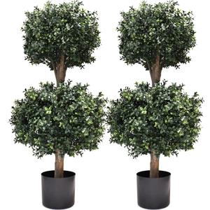 3Ft-35'' Artificial Boxwood Double Ball Topiary Trees,2PACK Faux Topiaries Tree Store Garden Indoor&Outdoor for Porch Home Decor
