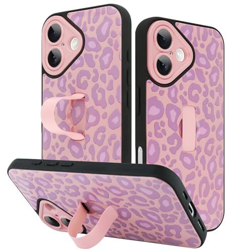 KANGHAR for iPhone 16 Case Purple Leopard Print Pattern Cute Cheetah Wristband Stand Phone Cover for Women Girls Men Shockproof Slim Protective Cover for iPhone 16 6.1 Inch