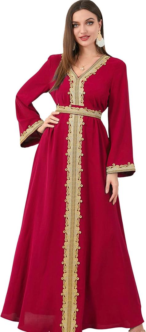IBAKOM Abaya for Women Floral Lace Ethnic Moroccan Dress Muslim Dubai Attire Islamic Clothes Wedding Eid Ramadan Jalabiya (X-Large, Red)