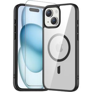 Temdan for iPhone 14 Plus & iPhone 15 Plus Case Clear with Screen Protector, Compatible with Magsafe, Anti-Yellowing, Military-Grade Protection, Shockproof Slim Magnetic Phone Case Cover, Clear Black