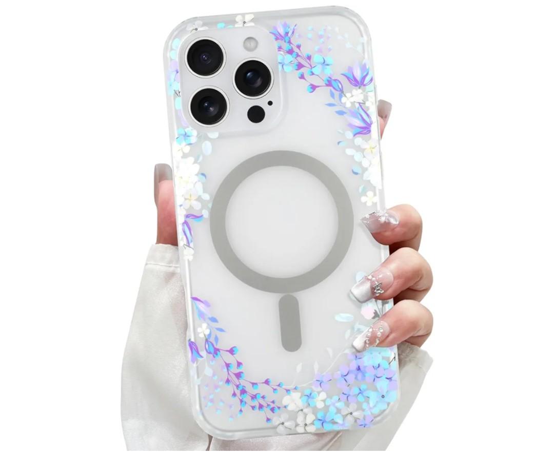 LSL Designed for iPhone 16 Pro Case [Drop Protection/Compatible with Magsafe] Cute Flower Magnetic Phone Case for Women Girly TPU Bumper Floral Cover Purple