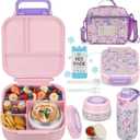 Bento Lunch Box for Kids with 7oz Soup Thermo,Insulated Stainless Steel Kids Water Bottle with Straw and Insulated Lunch Bag,Leak-Proof Lunch Food Container with Ice Pack for School (Pink-Horse)