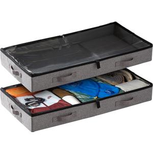 storageLAB Under Bed Storage Containers, Low Profile Underbed Organizers with Sturdy Handles, Dual Zippers, and Clear Windows, Ideal for Clothes, Pillows, and Blankets - 2 Pack, Low Profile, Gray (Grey)