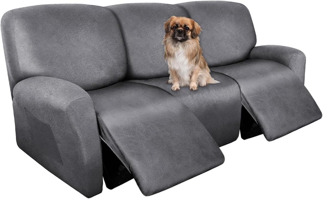 ANARACHON Recliner Couch Cover Leather Look Recliner Sofa Covers for 3 Cushion Reclining Sofa Slipcovers 8-Pieces Furniture Protector Spandex Fabric Washable (3 Seater, 01 Light Grey)
