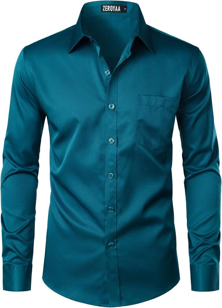 ZEROYAA Men's Urban Stylish Casual Business Slim Fit Long Sleeve Button Up Dress Shirt with Pocket (Medium, Teal)