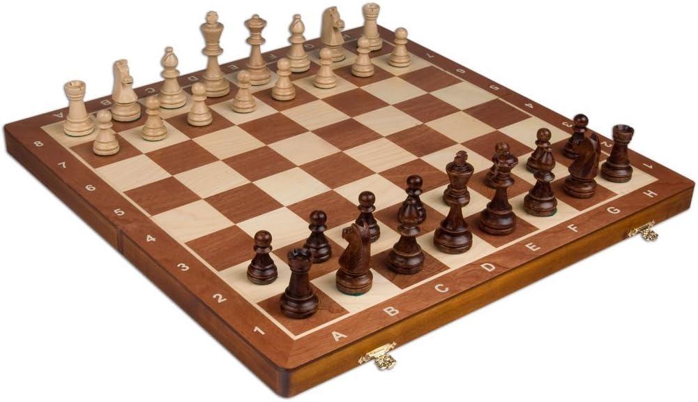 Wegiel Handmade European Professional Tournament Chess Set - Wooden 21 Inch Folding Board with Felt Base & Hand Carved Chess Pieces - Compartment Inside The Board to Store Each Piece, Medium, Small