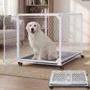 42 Inch Collapsible Dog Crate with Diamond Mesh, No-Tool Assembly Foldable Dog Kennel with 4 Lockable Wheels,Removable Tray,Portable Dog Cage for Medium/Large Dogs, Space-Saving, Indoor Outdoor Use