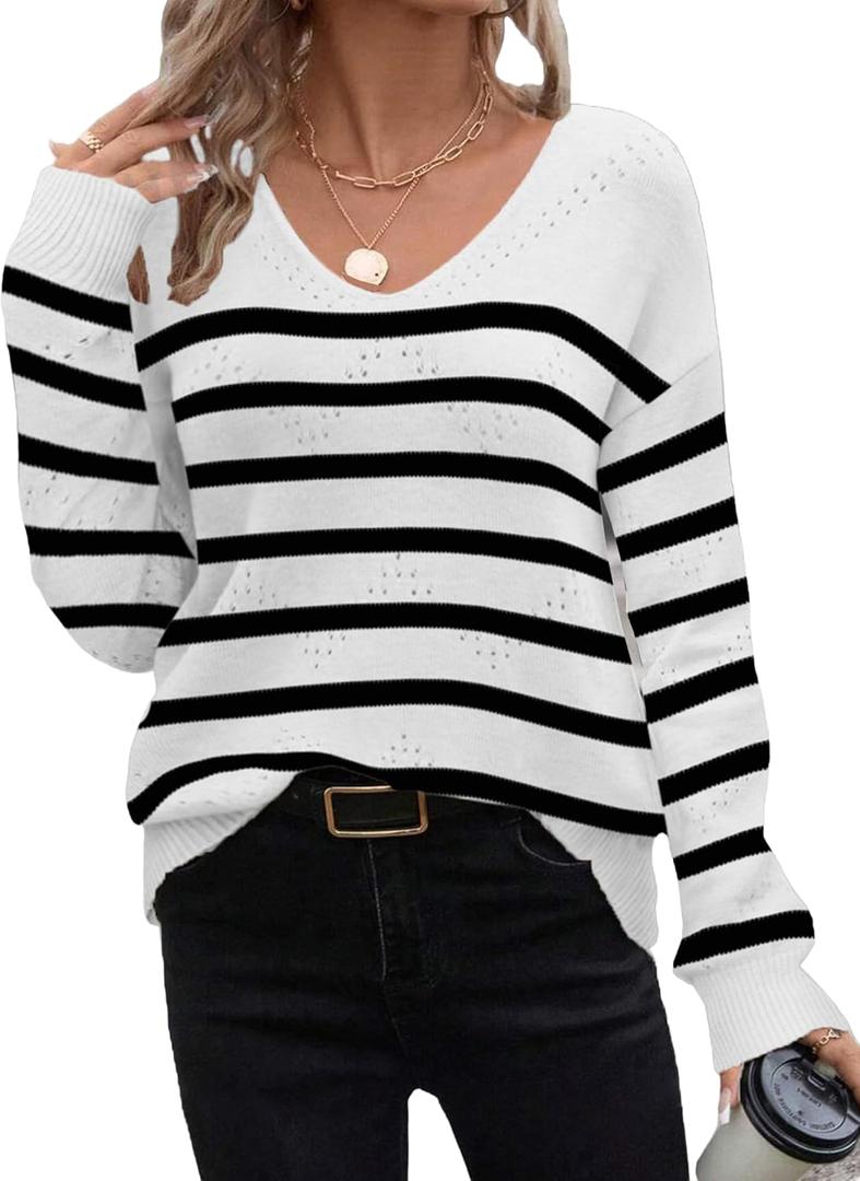 Zeagoo Womens Sweaters Fall Trendy Casual Long Sleeve Shirt Lightweight V Neck Off Shoulder Crochet Pullover Top Outfit (X-Large, White Stripe)