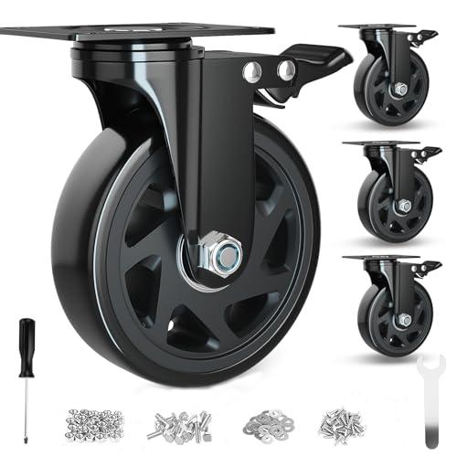 6 Inch Caster Wheels Heavy Duty Casters with Brake, Casters Set of 3 Loading 3000 Lbs, Locking Industrial Swivel Top Plate Casters Wheels for Furniture and Workbench Cart(Two Hardware Kits Included)
