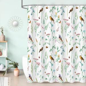 Litabel Green Cute Floral Shower Curtain, Watercolor Birds, Butterflies, Snails & Flower Design Shower Curtains for Chic Bathroom, Nature-Inspired Garden Fabric Shower Curtain, 72 x 72