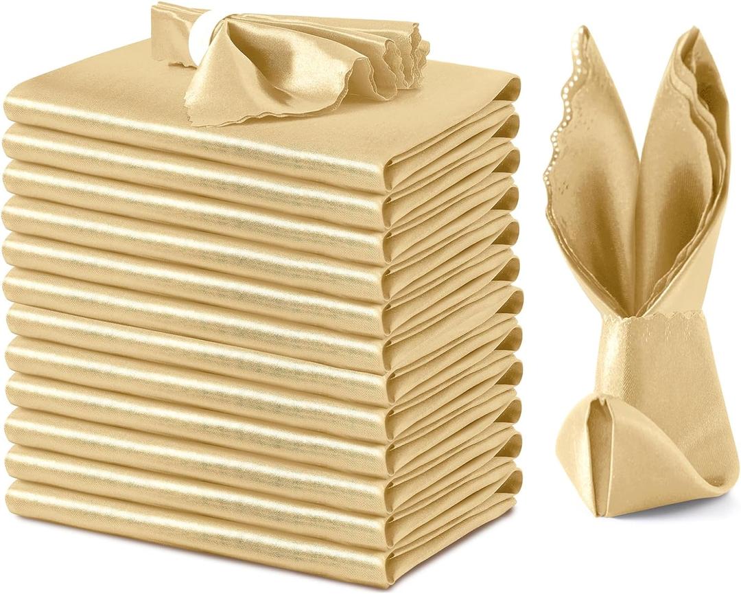 VACVELT 12 Pack Light Gold Satin Napkins - 17x17 Inch Scalloped Elegant Dinner Napkins for Wedding, Restaurant, Banquet, Graduation Party