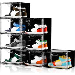 Amllas New 8 Pack Shoe Boxes Stackable, Large Shoe Storage Organizer with Lids,Drop Side Shoe Containers for Entryway,Sneaker Storage Fit up to US Size 13 for Men/Women(13x 10.6x 8.3) (Clear and Black)