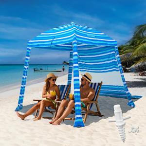 Grandekor Upgraded 6'6' Pop Up Beach Canopy Tent for Family & Kids UPF 50+ Sun Shelter for Pool Camping with Sand Anchor SidewallWavy Blue Green Stripe