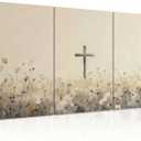 QKYKISS 3Pcs Jesus Wall Art Nature Wildflowers Cross Canvas Poster Religious Pastoral Scenery Picture Rustic Meadow Mural Country Flowers Art Print Living Room Bedroom Office wooden frame16x24in