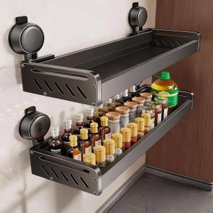 Spice Rack wall mounted 2 Pack,Suction Cups Spice Organizer for Cabinet,Large Capacity Metal Spice Shelf for Kitchen Cabinet, Pantry Doors, Bathroom, Shower, Home Decor (Gray(2 Pack))