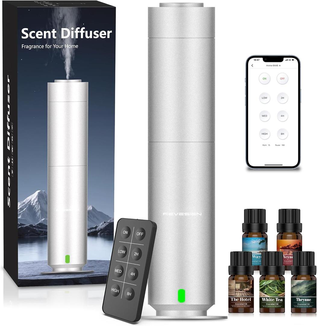 Waterless Scent Diffuser Kit, Includes 5 Premium Oils, 2000 Sq.Ft Coverage, Hotel Collection Scent Diffuser for Home, Studio, Essential Oil Diffuser Large Room, Remote & APP Control - Silver