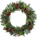 Green Christmas Wreath with Pine Cones, Berry Clusters & Abundant Branches - 21' (16' Frame) Winter Wreath Hanging Decor