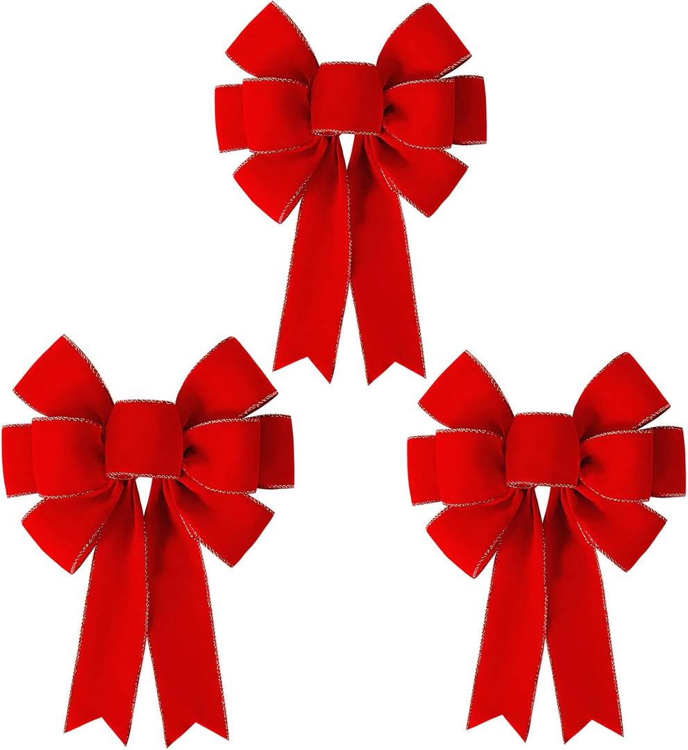 SIMISI RIBBON 3 Packs Red Bows Christmas Decorations Big Wired Velvet Bow with Gold Border for Wreaths Outdoor, Gift Wrapping, Tree Topper, Outside (12 * 14 inch)