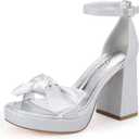 Mofri Showhow Platform Chunky Heels Women's Chunky High Heel Sandals Ankle Strap Open Toe Pump Bowknots Wedding Sandals for Wedding Bridal Party (Silver)