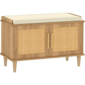 Akxomel Rattan Shoe Storage Bench with Cushion, 2-Tier Entryway Bench with Adjustable Shelves and 2 Doors, 15" D x 31.5" W x 20" H, Solid Wood Legs, for Hallway, Living Room, Bedroom, Natural Oak