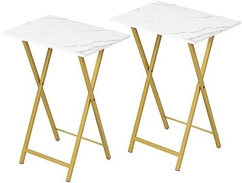 HOOBRO Folding TV Tray Tables, Set of 2 Stable Snack Table for Small Space, Portable Sofa Side Table, Easy Assembly and Storage, Ideal for Snacks and Meals in Living Room, Marble and Gold DM25BZ01
