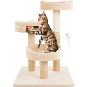 Cat Tree - 3-Tier Tall Cat Tower Condo with 2 Napping Perches, Sisal Rope Scratching Post, Hanging Mouse and Interactive Wheel Toy by PETMAKER (Beige), 27.5"