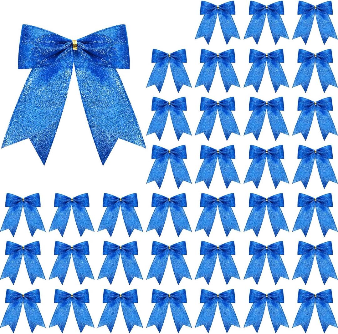 Sumind 36 Pieces Royal Blue Christmas Tree Glitter Bows, 9 x 13 Inch Tie Ribbon Twist Tie Bows for Treat Bags Gift Wrapping Basket Wedding Birthday Valentine Christmas Tree Wreath Garland Decoration