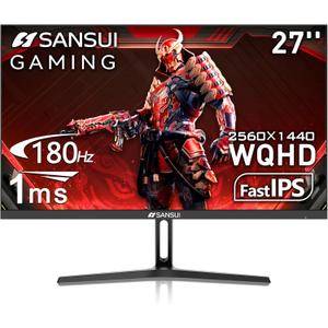 SANSUI 27 Inch WQHD 2560 x 1440 IPS Gaming Monitor, 180Hz 1ms Computer Monitor, DP 1.2 x2 | HDMI 2.0 x2 | VESA Mount, 120% sRGB HDR Eye Care Metal Stand (DP Cable Included)
