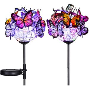 Doingart Outdoor Solar Garden Lights - 2 Pack Solar Powered Garden Stake Lights with 18 Butterflies and Copper String Lights, Multicolor