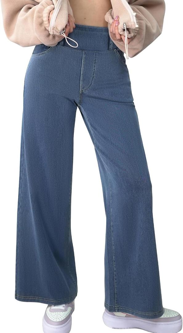 Simple Flavor Women's Wide Leg Jeans High Waisted Stretch Pull-on Baggy Denim Pants with Pockets (Large, Blue)
