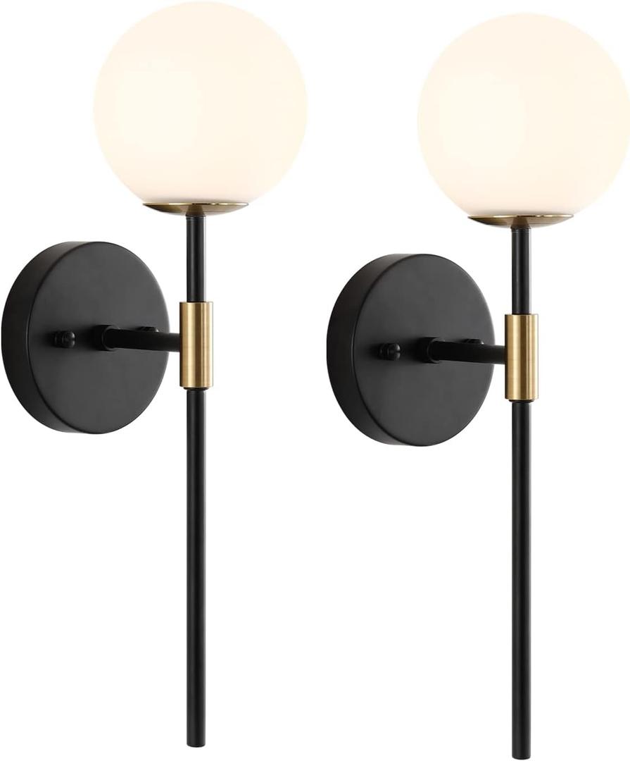 BYOLIIMA Industrial Mid Century Wall Sconce Set of 2 with White Globe Glass Shades Modern Bathroom Vanity Wall Lamp Black and Gold Finished Wall Light Fixture